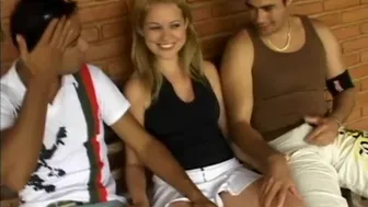 Threeway Teen Fucked On A Dirty Bench